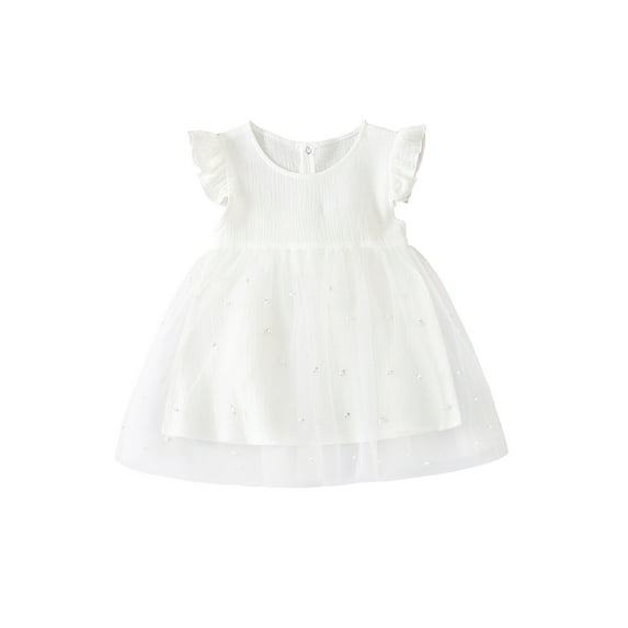 Kiapeise Toddler Baby Girl Summer Dresses Ruffle Short Sleeve Linen Pearl Lace Tulle Tutu Princess Party Dress