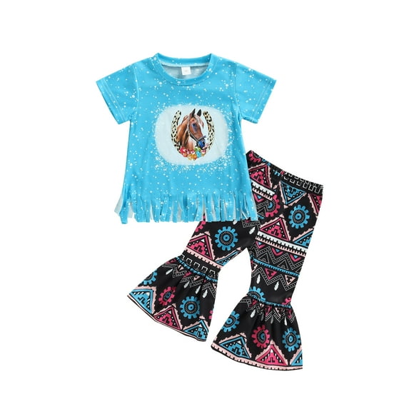 Kiapeise Toddler Baby Girl Summer Outfits Little Girls Horse Print Tassel T-Shirt Short Sleeve Top Flared Pants 2Pcs Set
