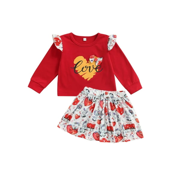Kiapeise Toddler Baby Girl Valentine's Day Outfit Heart Love Print Long Sleeve T-Shirt Tops+Mini Skirt Clothes Set