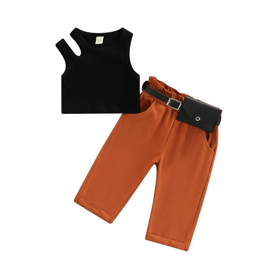 Kiapeise Toddler Baby Girls Clothes Hollow Out Sleeveless Ribbed Tank Tops + Elastic Waist Pants with Belt Bag 2Pcs Summer Outfits