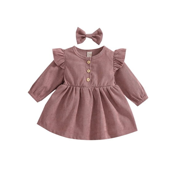 Kiapeise Toddler Baby Girls Corduroy Dress Long Sleeve Ruffle Button Vintage Princess Fall Dress