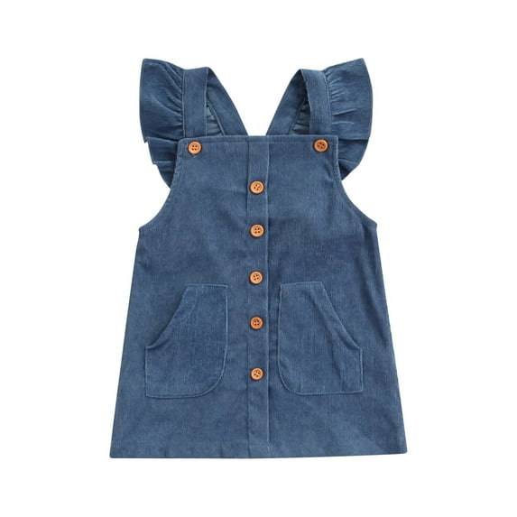 Kiapeise Toddler Baby Girls Corduroy Dress Ruffle Square Neck Buttons Suspenders Skirt Cute Girls One -Piece Dress