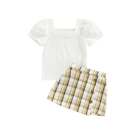 Kiapeise Toddler Baby Girls Summer Clothing Kids Short Sleeves Square Neck T-Shirt Tops + Plaid Mini Skirt Dress Outfits Set