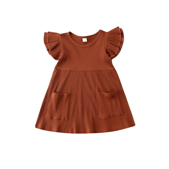 Kiapeise Toddler Girl Flying Sleeve Dress Ribbed Ruffle Pockets Dress