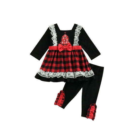 Kiapeise Toddler Girls Long Sleeve Patchwork Plaid T-Shirt Dress Tops Leggings 2Pcs Christmas Outfits