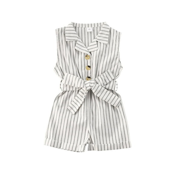 Kiapeise Toddler Girls Romper with Belt Stripe Sleeveless Collar Jumpsuit