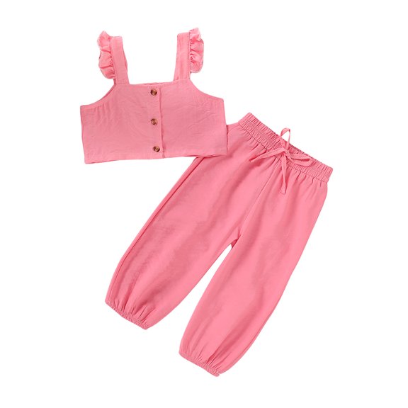 Kiapeise Toddler Girls Sleeveless Button T-shirt Long Pants Outfits