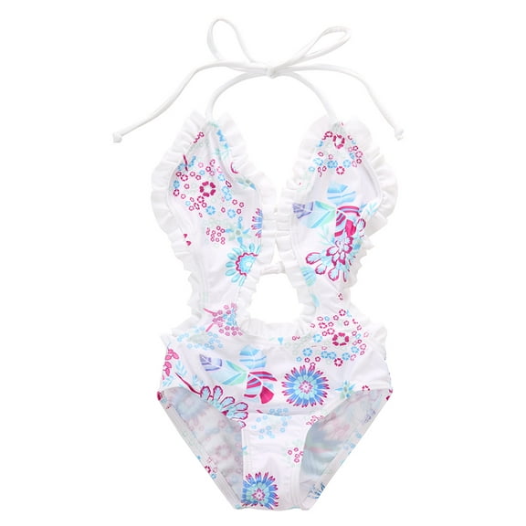 Kiapeise Toddler Girls Swimwear Jumpsuit Floral Print Bandage Ruffled Swimsuit