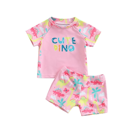 Kiapeise Toddler Kids Baby Girls Dinosaur Swimsuit Short Sleeve Rash Guard T-shirt Shorts Swim Trunks Set Bathing Suit Swimwear 2pcs