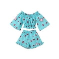 thumbnail image 1 of Kiapeise Toddler Kids Baby Girls Summer Clothes Off Shoulder Ruffle Heart Print Crop Top with Shorts Pants 2PCS Outfits Set, 1 of 9
