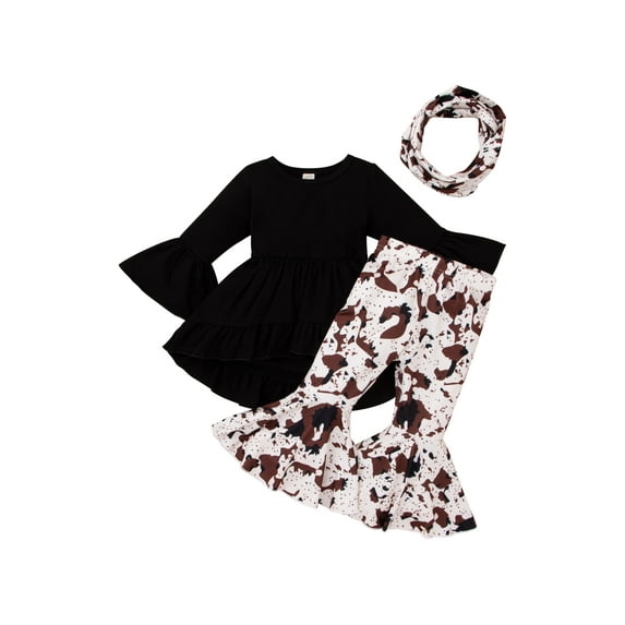 Kiapeise Toddler Kids Girls 3 Pieces Outfit Irregular Hem Long Sleeve Tops + Print Flare Pants + Neckerchief Set