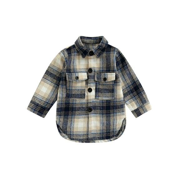 Kiapeise Unisex Toddler Plaid Print Coat Loose Fit Long Sleeve Lapel Neck Irregular Hem Shirt with Pockets