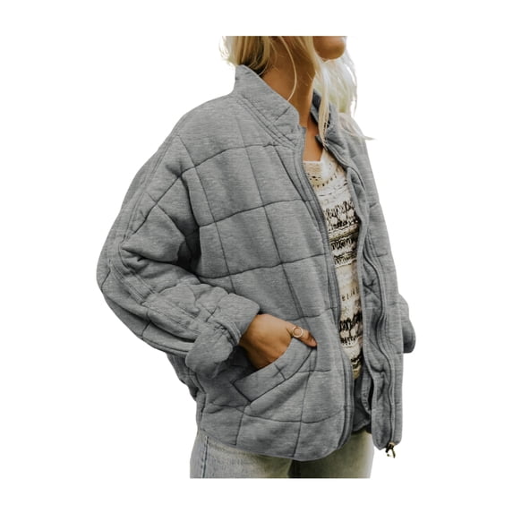 Kiapeise Women Dolman Lightweight Quilted Jackets Long Sleeve Zip Up Jacket Coat Solid Warm Winter Outwear
