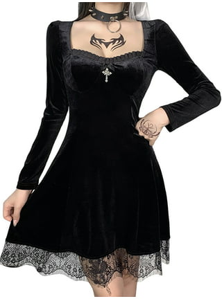 Musuos Women Gothic Lolita Dresses Black Vintage Grunge Long Sleeve Dress  Lace Punk Goth Dresses