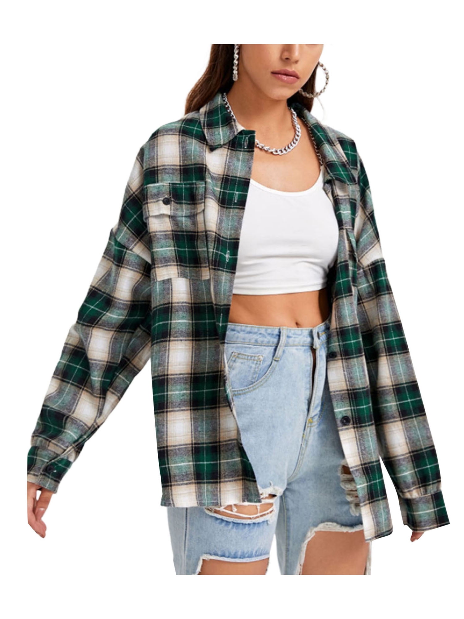 Kiapeise Women Oversized Plaid Button Down Shirt Shacket Jacket Long ...