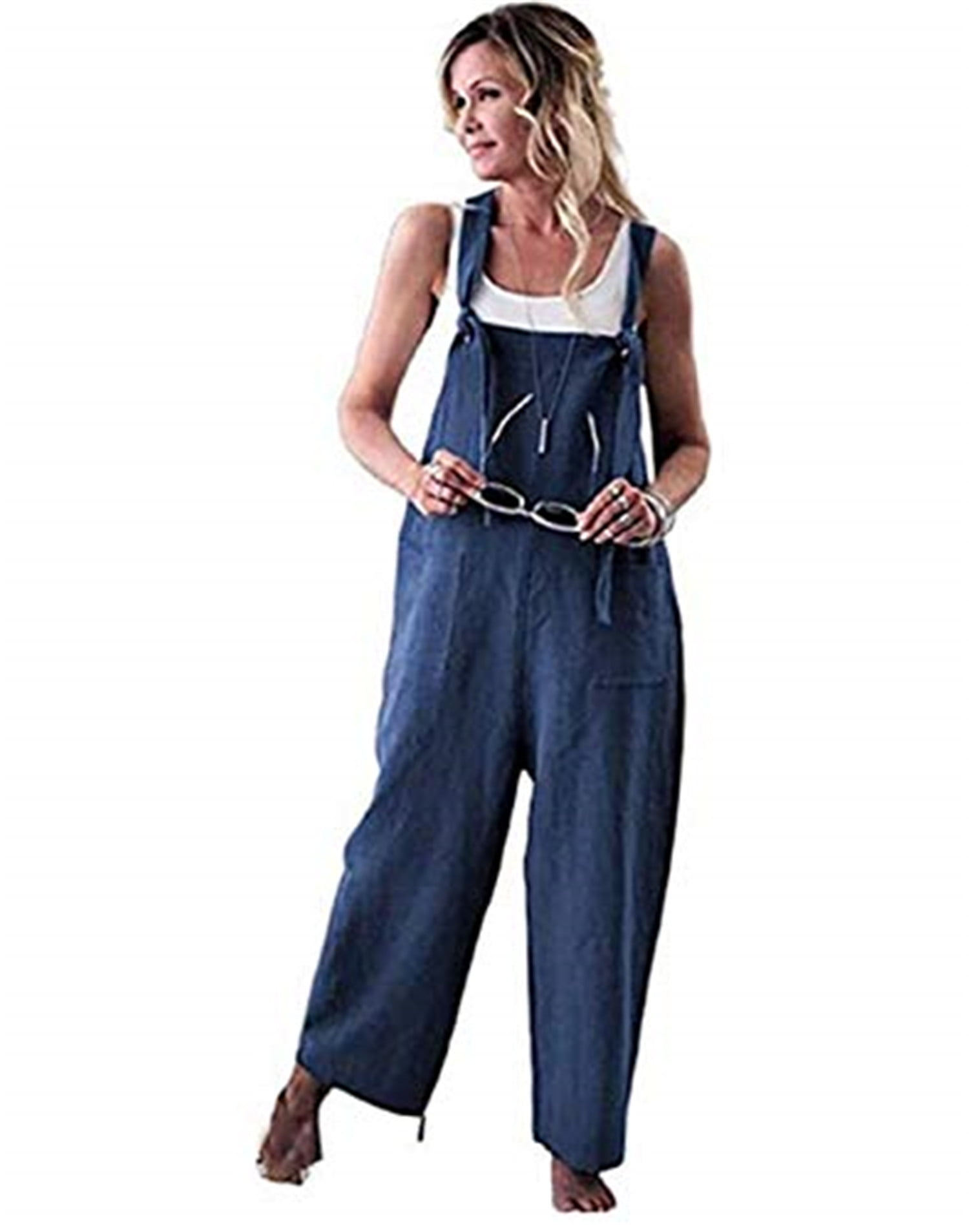 Kiapeise Women Plus Size Baggy Linen Overalls Casual Sleeveless Jumpsuit 