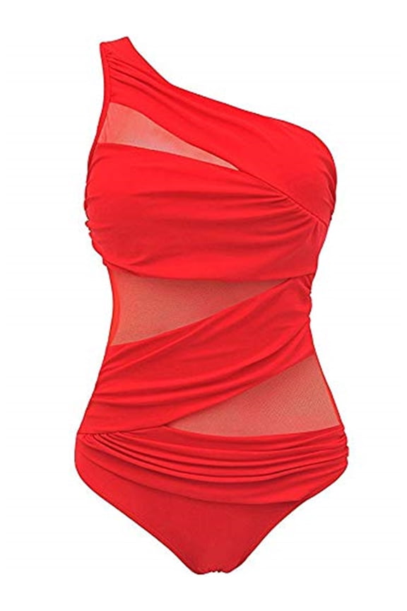 Women Plus Size One Piece Mesh See Through One Shoulder Swimwear