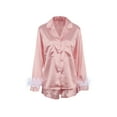 thumbnail image 1 of Kiapeise Women Satin Feather Sleeve Pajamas Set Button Down Long Sleeve Sleepwear Silk Shorts 2Pcs Nightwear Loungewear Pjs, 1 of 3