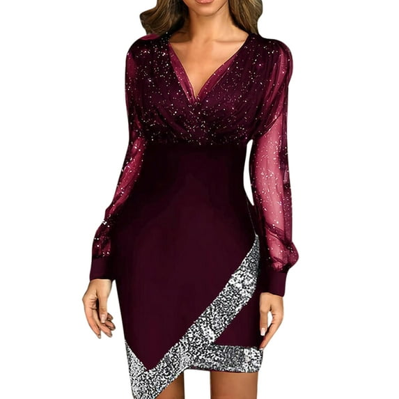 Kiapeise Women Sequin One Piece Dress Long Sleeve Hollow Out Dress Mesh Patchwork Sex Cocktail Dresses Clubwear Party A-Line Swing Dress