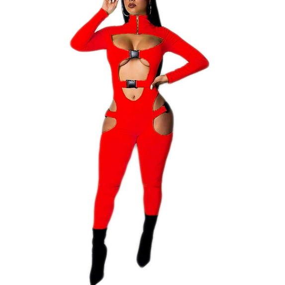 Kiapeise Women Sexy Hollow Out Jumpsuit Buckle Long Sleeve Bodycon Romper Biker Streetwear