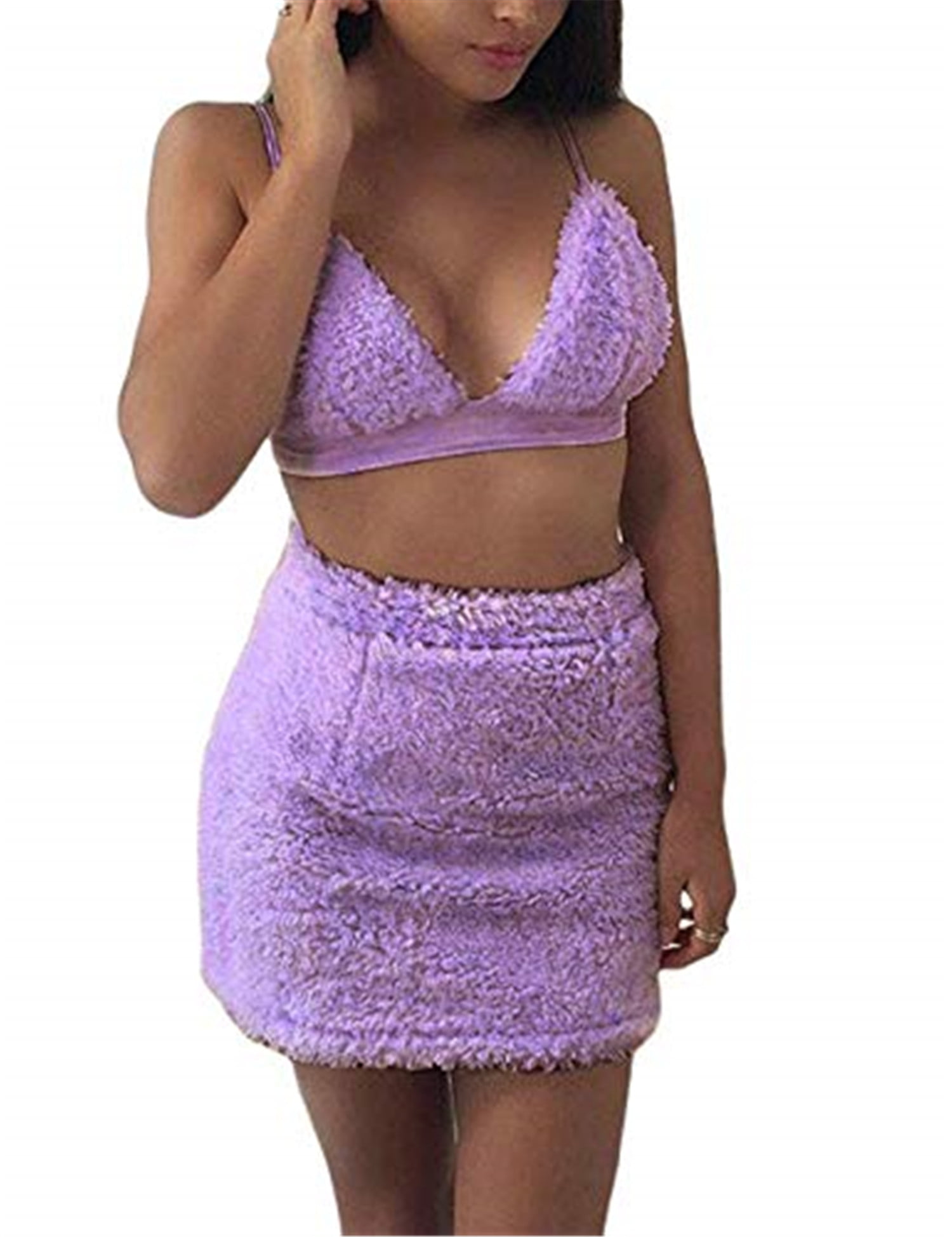 Kiapeise Women Sexy Set Solid Color Plush Bra Tops + Fluffy Mini Skirts 