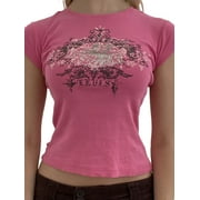 Kiapeise Women Teen Girl Fashion Top Clothes Cute Graphic Print Brown Crop Top Tee T-Shirt E Girl Clothing Aesthetic