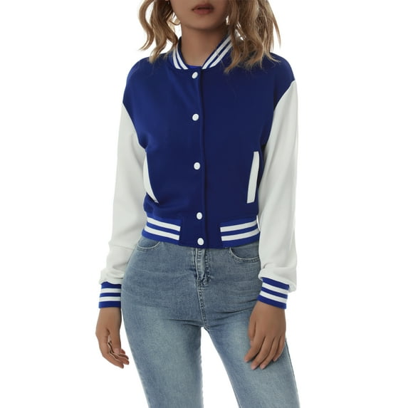 Kiapeise Women Varsity Baseball Jacket Casual Sweatshirt Long Sleeve Colorblock Button Down Cropped Bomber Coat