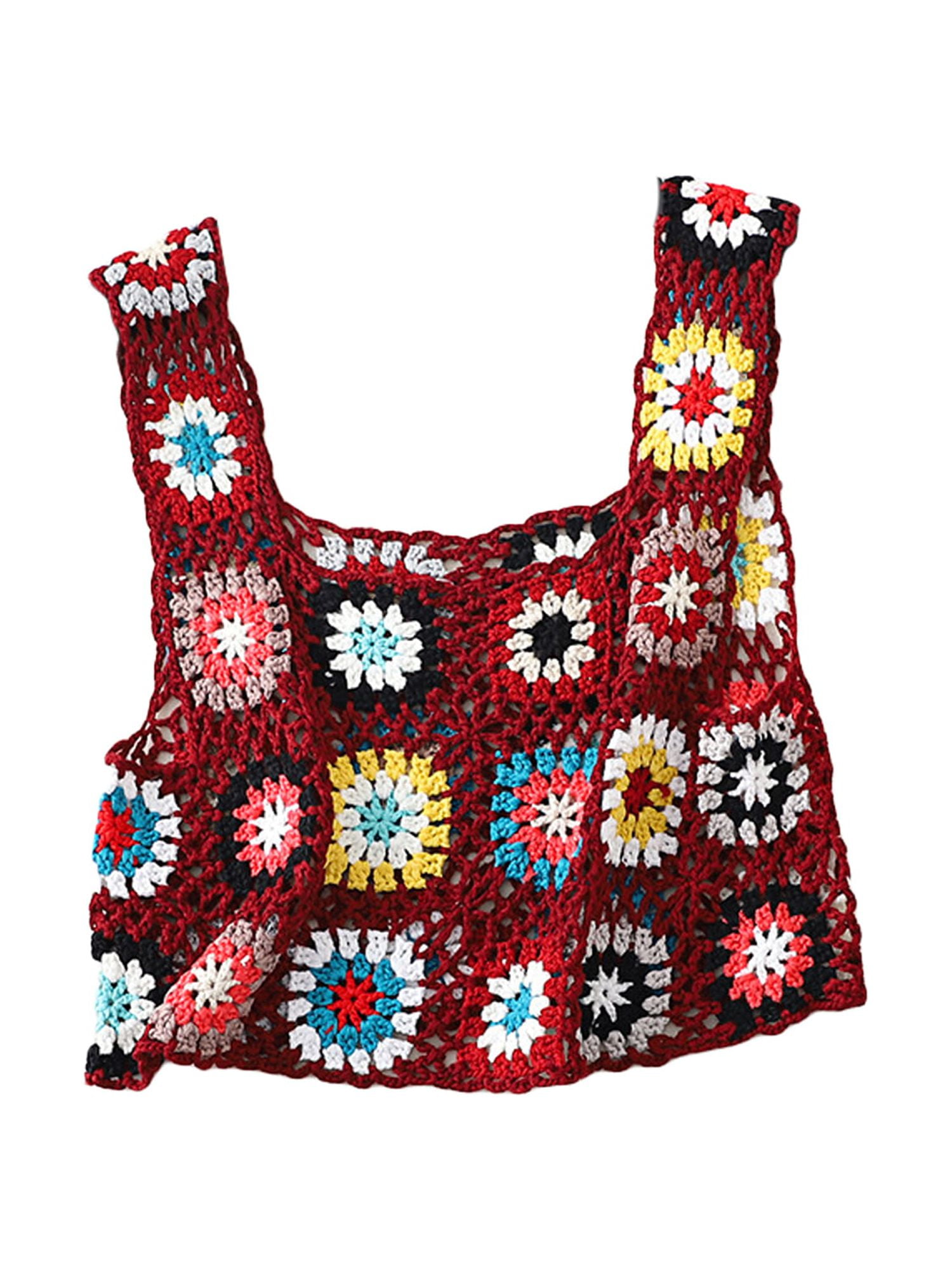 Kiapeise Women Vintage Crochet Knit Tank Tops Fashion Print Retro Patchwork  Vest Sleeveless Crochet Sweater Crop Top T-Shirt for Women 