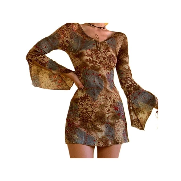 Vintage Printed Flare Sleeves Bodycon Dress Vintage Printed Flare Sleeves Bodycon Dress