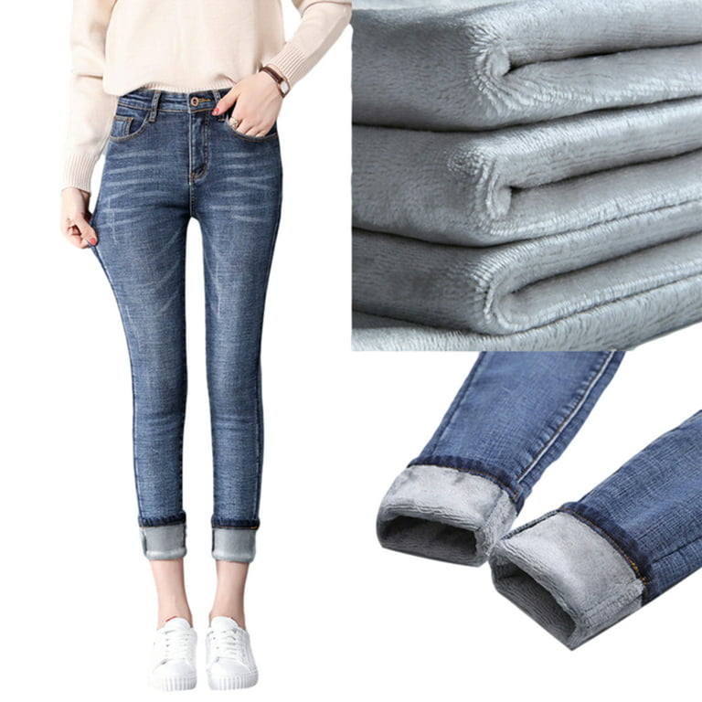 Kiapeise Women's Fleece Lined Jeans Stretchy Skinny Denim Pants Winter Warm  Thick Leggings with Pockets 