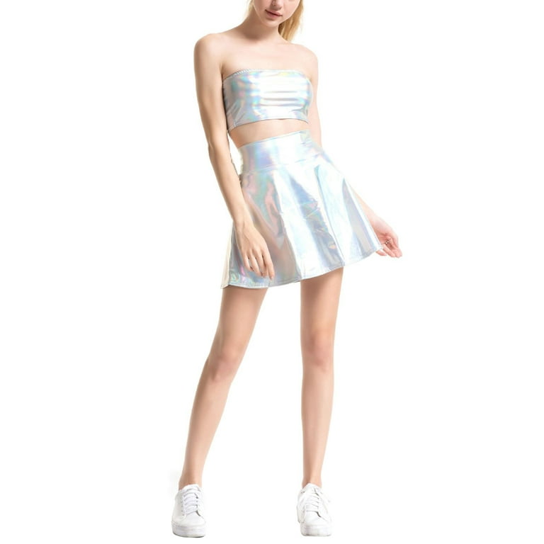 Kiapeise Women s Shiny Mini Skirt High Waist Solid Color Reflective Pleated Skirt for Club Party Walmart