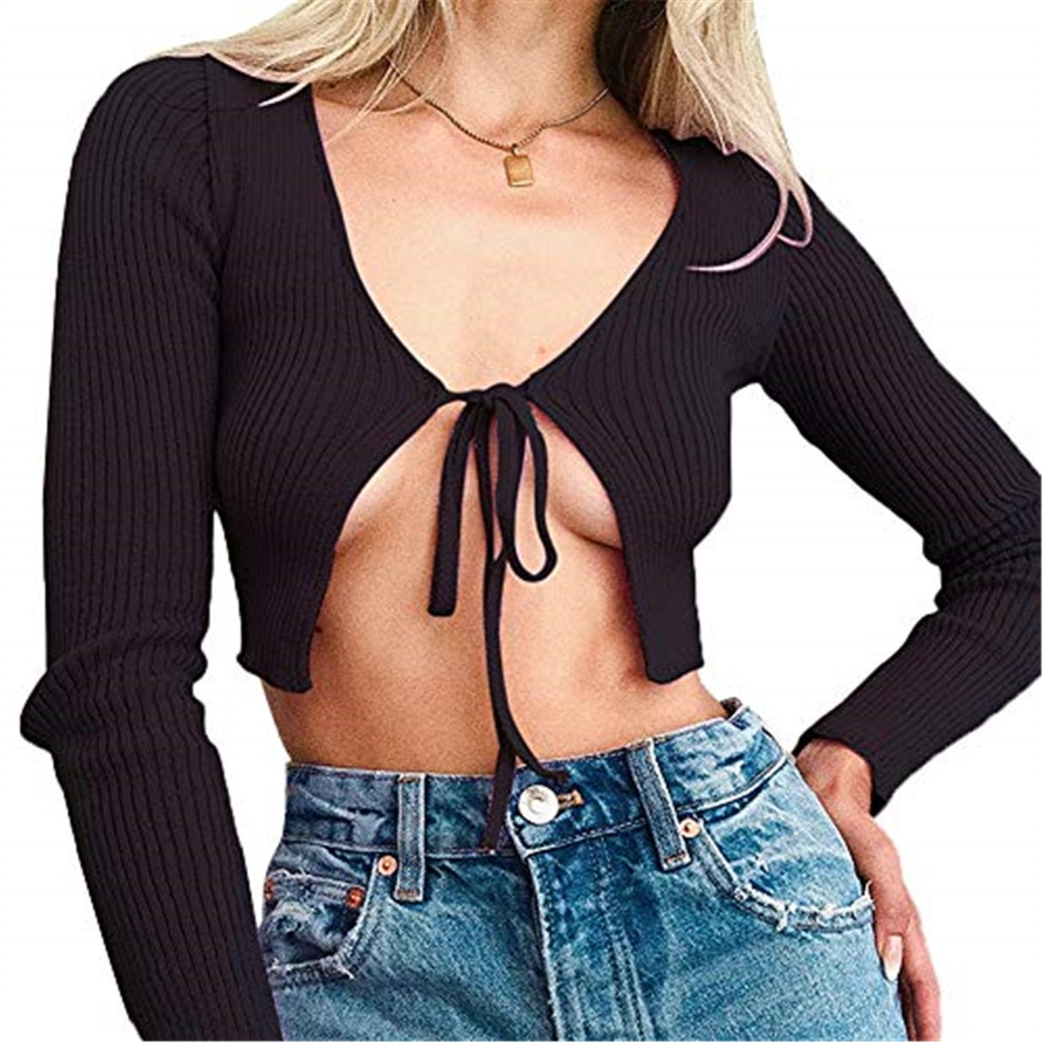 Kiapeise Womens Long Sleeve Front Tie Up Crop Tops Blouse T Shirt Ladies  Sexy Open Cardigan Top - Walmart.com