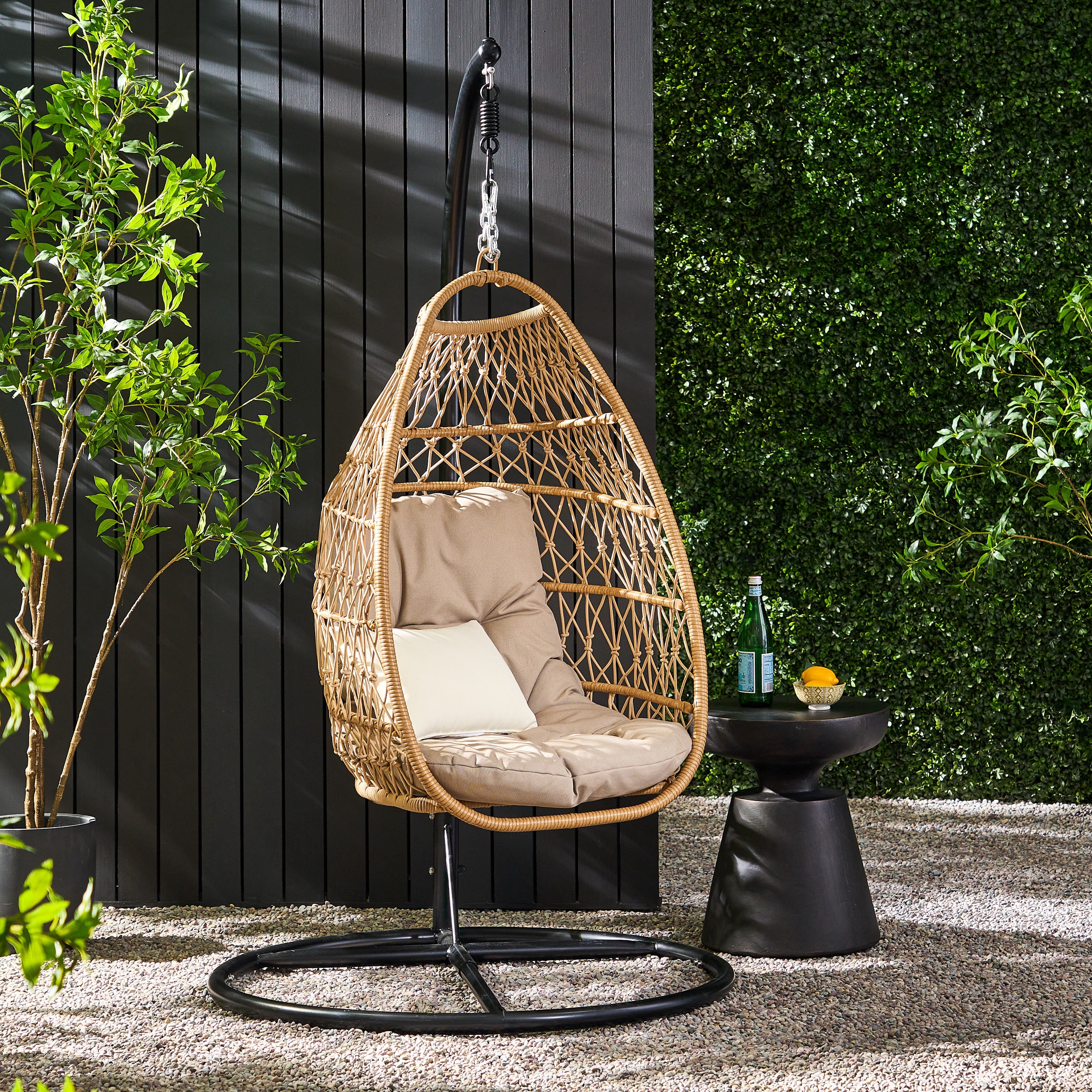 Kiara Wicker and Rope Outdoor Foldable Hanging Chair with Stand, Light Brown, Tan, and Black