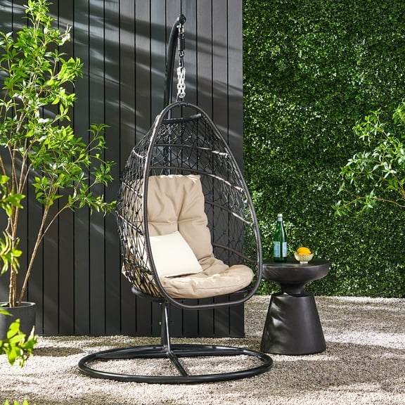 Kiara Wicker and Rope Outdoor Foldable Hanging Chair with Stand, Multibrown, Tan, and Black
