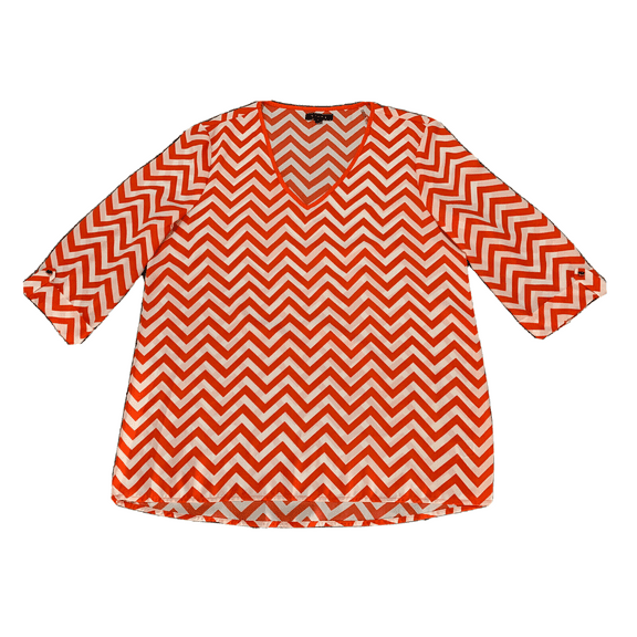 Kiara Women's Chevron Blouse 3/4 Sleeve V-Neck Top (Coral/White, Small)
