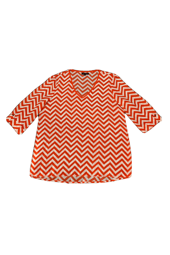 Kiara Women's Chevron Blouse 3/4 Sleeve V-Neck Top (Coral/White, Small)