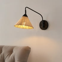 JONATHAN Y Kiawah 11" 1-Light Vintage Coastal Rattan/Metal Swing Arm LED Sconce, Black/Natural