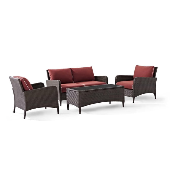 Kiawah 4Pc Outdoor Wicker Conversation Set Sangria/Brown - Loveseat, 2 Arm Chairs & Glass Top Table