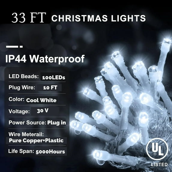 Kibhous 33ft 100 LED White Christmas String Lights, 8 Modes Connectable Clear Wire Twinkle Fairy Indoor, Plug-in Outdoor Waterproof for Christmas Wedding Party Tree