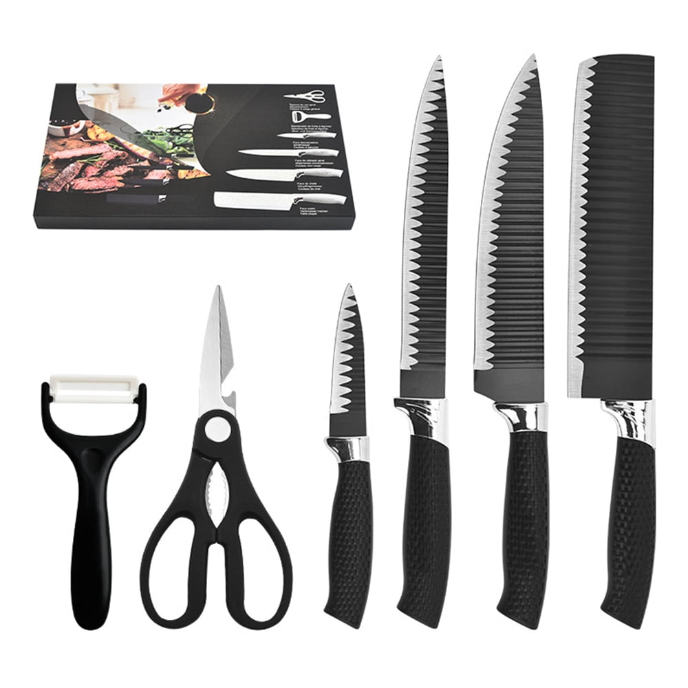 Kibhous 6 Pieces Kitchen Knife Set, Professional Chef Knife Set, Stainless Steel with Peeler Scissors Gift Case, Easy-Grip Handle, Rust-proof, Black