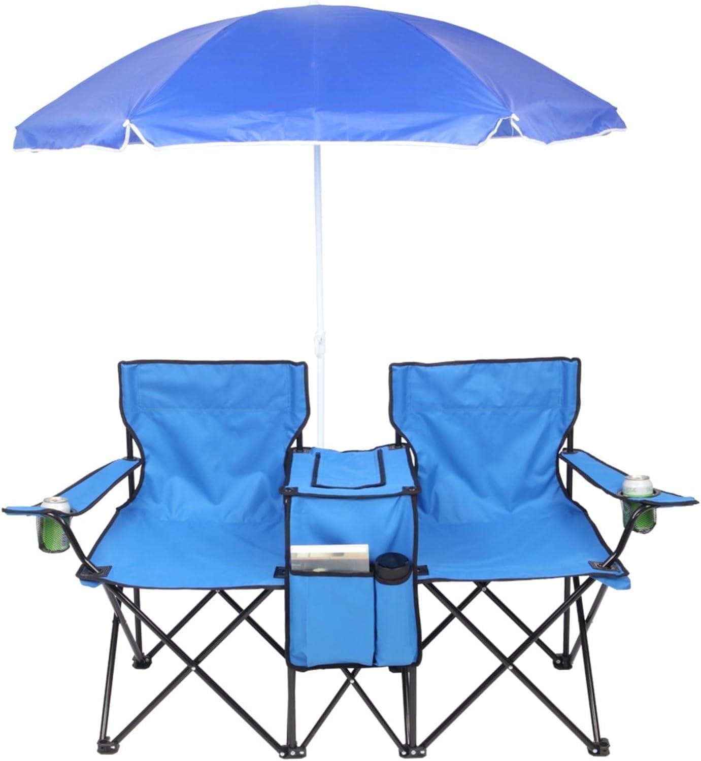 Kibhous Outdoor Foldable Picnic Double Chair ,Camping Chairs with Umbrella Camping Double Portable Chairs Folding Beach Chair with Insulation Bag,Backpacking Blue