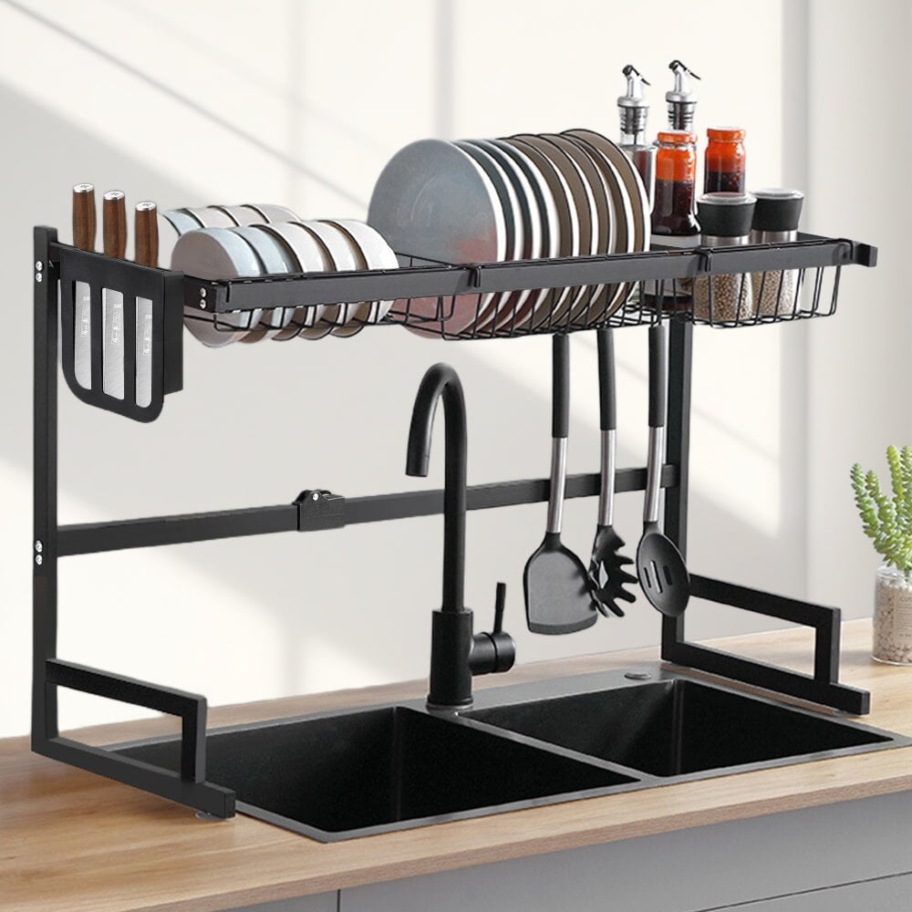 Kibhous Over Sink Dish Drying Rack - Large Dish Drainer Adjustable Drying Rack (26.5" to 33.5" W), Large Capacity Stainless Steel Dish Rack, Multifunctional Kitchen Organizers and Storage Rack, Black