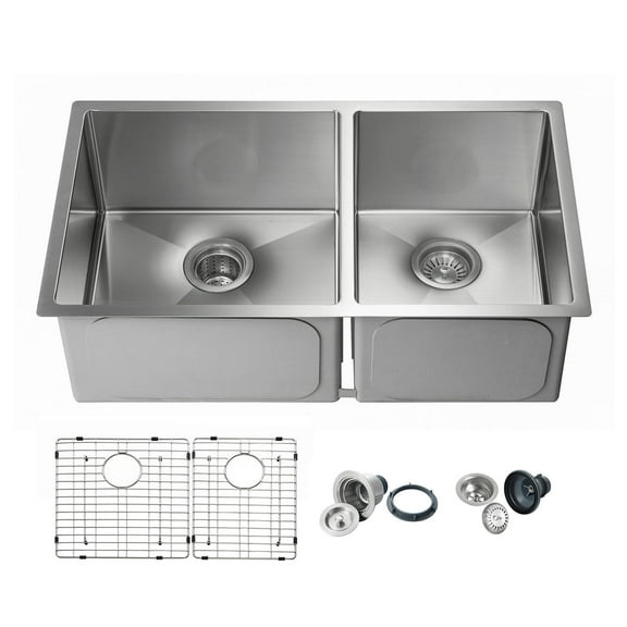 Kibi 32 3/4? Handcrafted Undermount Double Bowl Stainless Steel Kitchen Sink ? K1-D33-BS