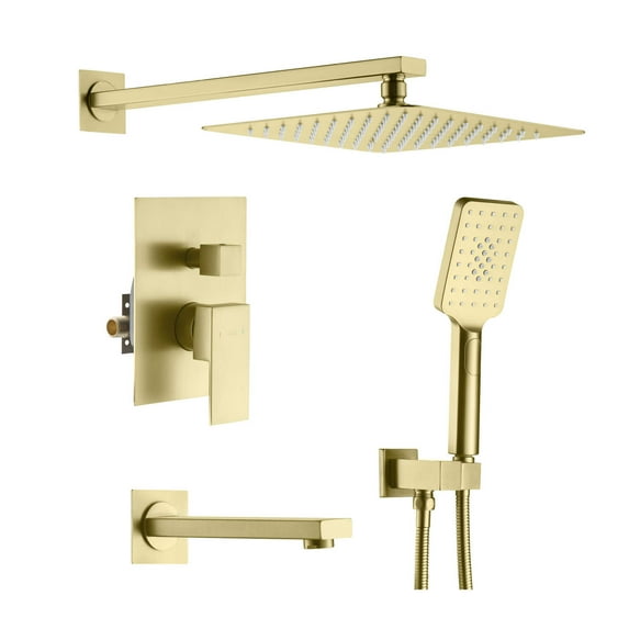Kibi USA Cube Pressure Balanced 3-Function Shower System with Rough-In Valve Brushed Gold Brushed