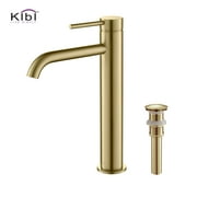 Kibi USA Luxury Solid Brass Single Hole Bathroom Vessel Sink Faucet Brushed Gold W/ Pop Up Drain Brushed
