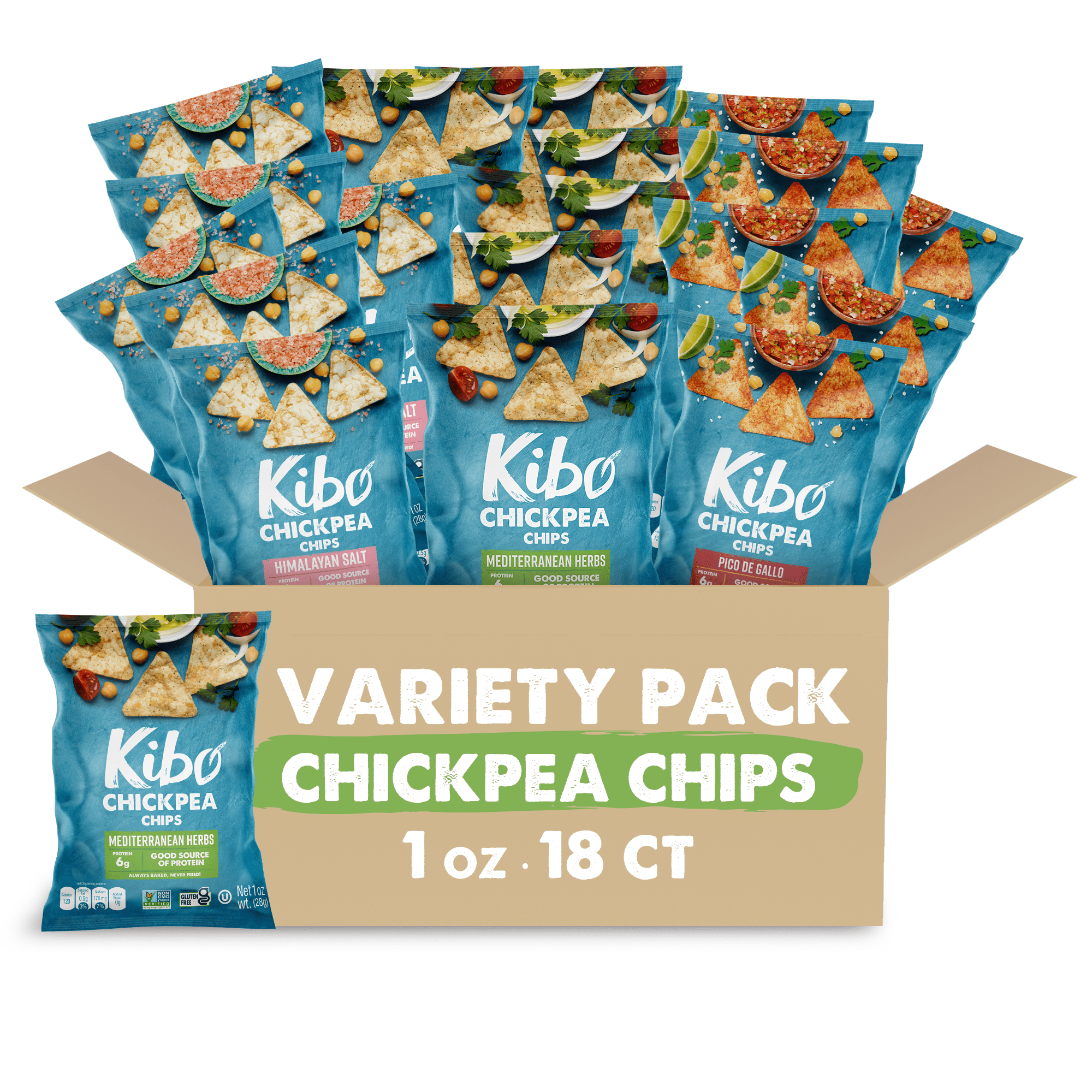 Kibo Healthy Snacks 3 Flavor Variety Pack Chickpea Chips High Protein