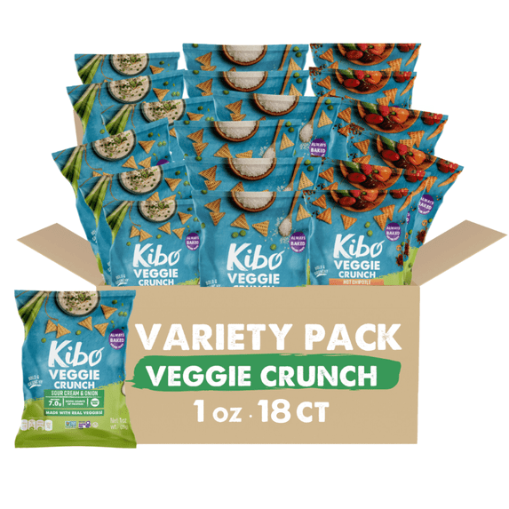 Kibo Healthy Snacks 3 Flavor Variety Pack Veggie Chips High Protein, Plant Based, Vegan, Gluten Free, Non GMO, Kosher, Bold & Crunchy - Sea Salt, Sour Cream & Onion, Hot Chipotle - 1 oz, 18