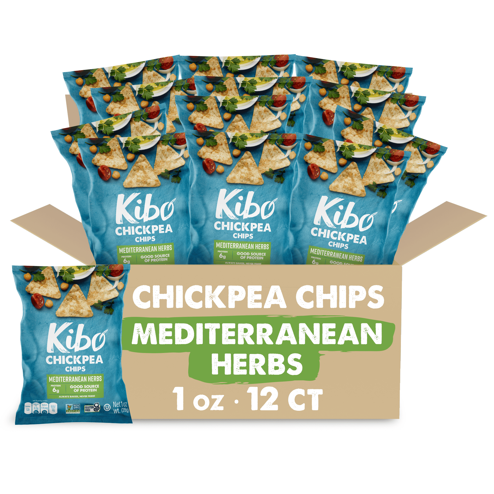 Kibo Healthy Snacks Chickpea Chips High Protein, Plant Based, Vegan, Gluten Free, Non GMO, Kosher, Bold & Crunchy - Mediterranean Herbs - 1 oz, 12 Count