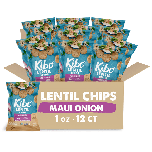 Kibo Healthy Snacks Lentil Chips High Protein, Plant Based, Vegan, Gluten Free, Non GMO, Kosher, Bold & Crunchy - Maui Onion - 1 oz, 12 Count