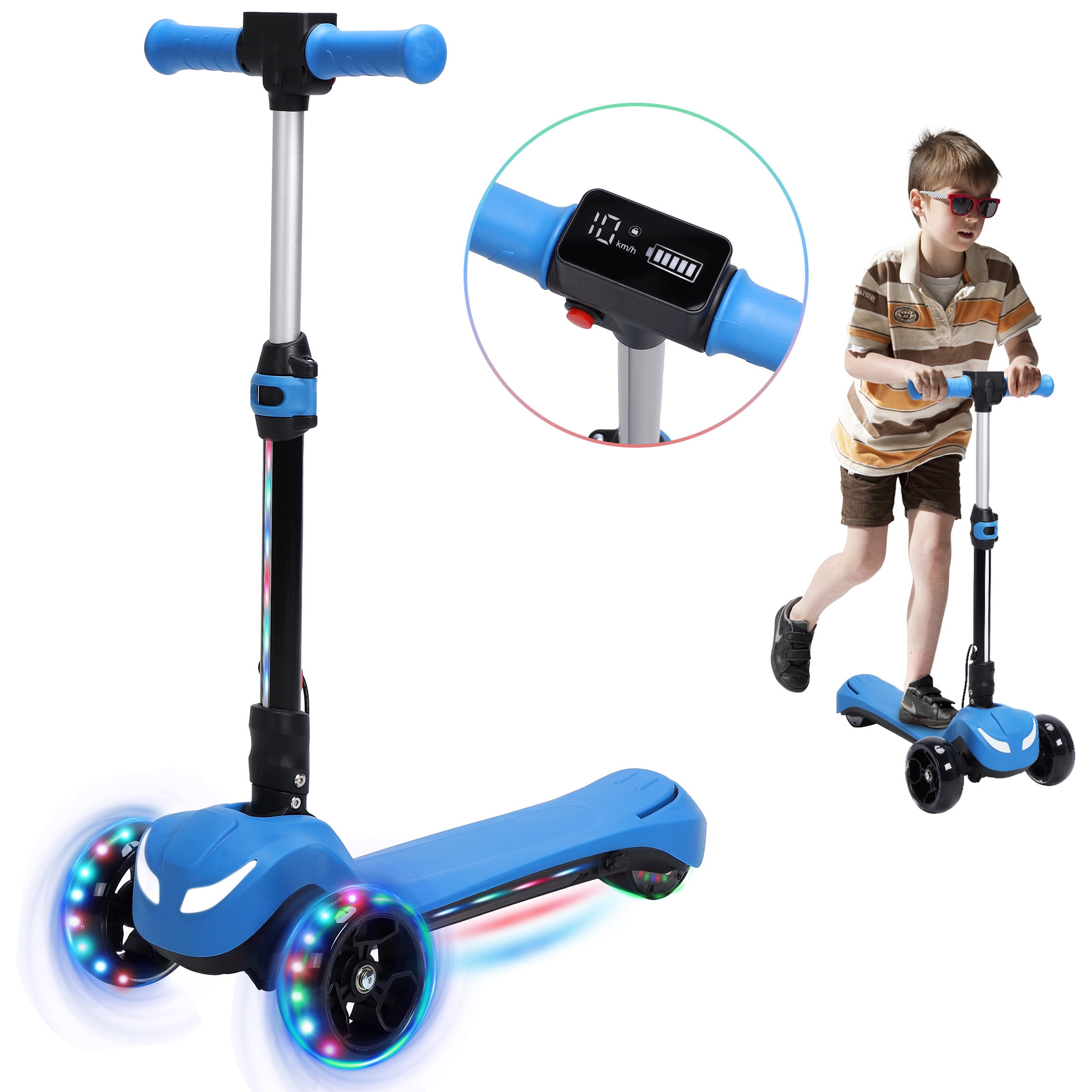 Skyhot Electric Scooter for Kids w/LCD Screen, 21V Battery & Powerful Motor, Premium Front Light and Wheel Lights/3 Adjustable Heights Scooter for Kid 4-8 Years, Thumb Throttle, Blue
